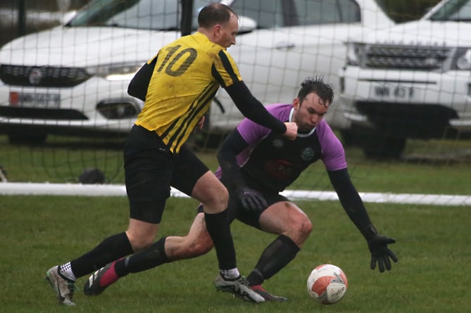 Aaron Hawley netted twice as his Rushen side drew 4-4 with Laxey at Croit Lowey (Photo: Brian Goldie)