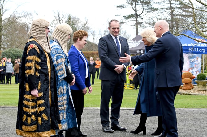 The Queen meets Chief Minister Alfred Cannan MHK, Deputy Chief Minister and Middle MHK Jane Poole-Wilson, President of Tynwald Laurence Skelly MLC, and Speaker of the House of Keys Juan Watterson MHK.