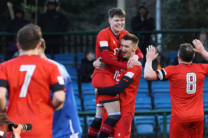 Charlie Higgins (left) and Sean Doyle both scored for FC Isle of Man against Ramsbottom Utd on Saturday