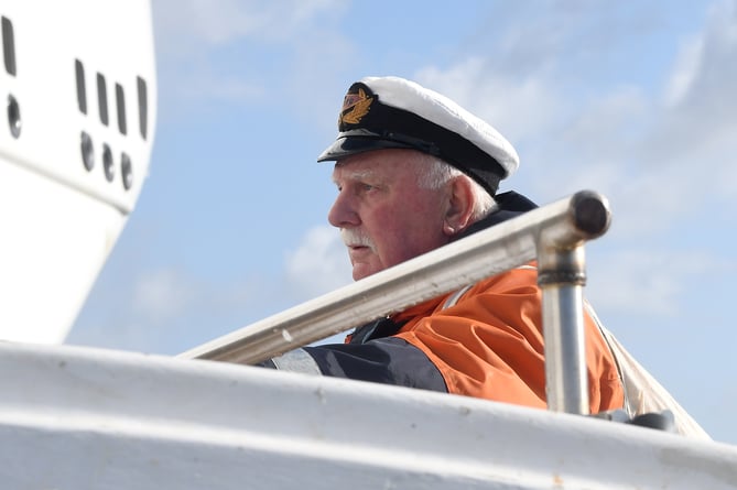 The Isle of Man Steam Packet Company vessel Manxman arrives in Douglas for the first time - Captain Stephen Carter, the island's recently retired chief pilot, goes aboard to bring the ship into harbour