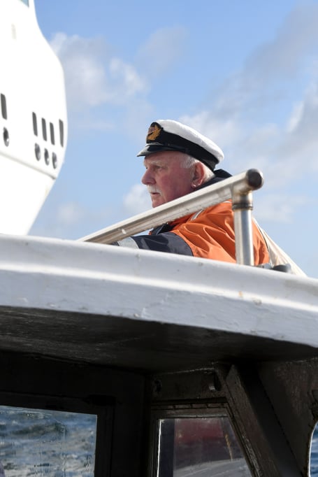 The Isle of Man Steam Packet Company vessel Manxman arrives in Douglas for the first time - Captain Stephen Carter, the island's recently retired chief pilot, goes aboard to bring the ship into harbour