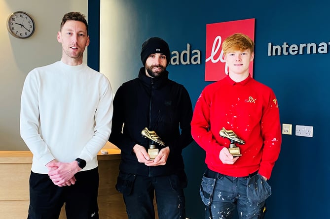 Karl Clark (centre) receives his Player of the Month award from Canada Life's Dan Pownall (left), while Peel's Tomas Brown is the Young Player of the Month
