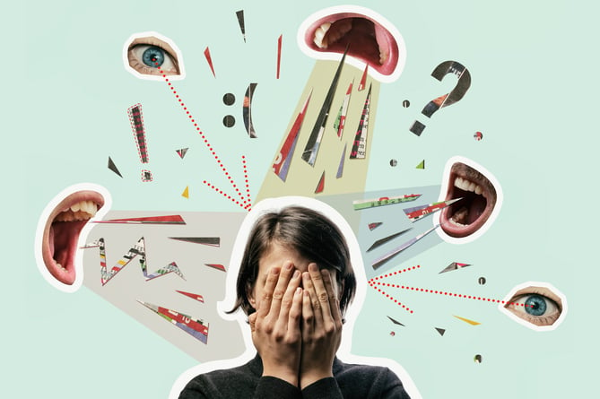Collage with a woman covering her face and screaming mouths.