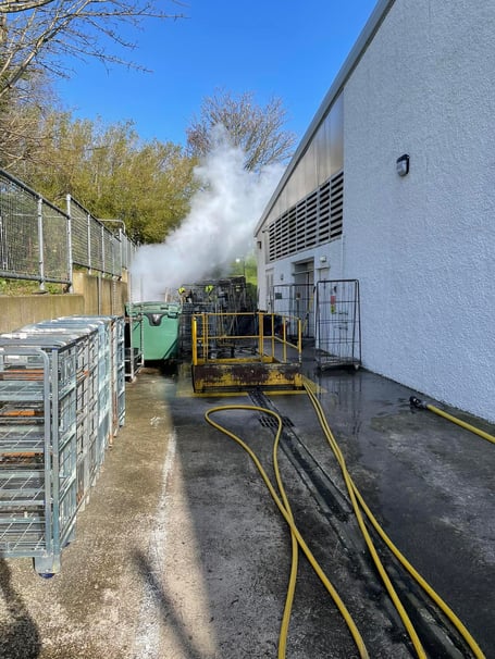 Pallets and packaging caught fire adjacent to the Shoprite store in Onchan on Sunday morning