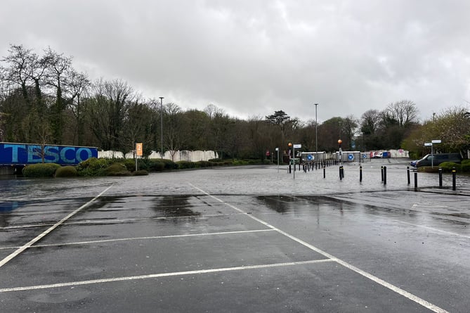 Flooding in Tesco car park on Lake Road this morning (Tuesday)