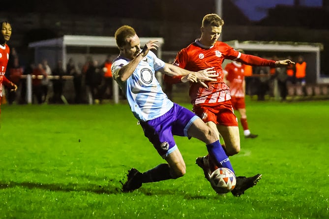 Dan Hattersley (left) scored the only goal of the game as FC Isle of Man defeated Chadderton 1-0 in Greater Manchester on Tuesday evening (Photo: Gary Weightman)