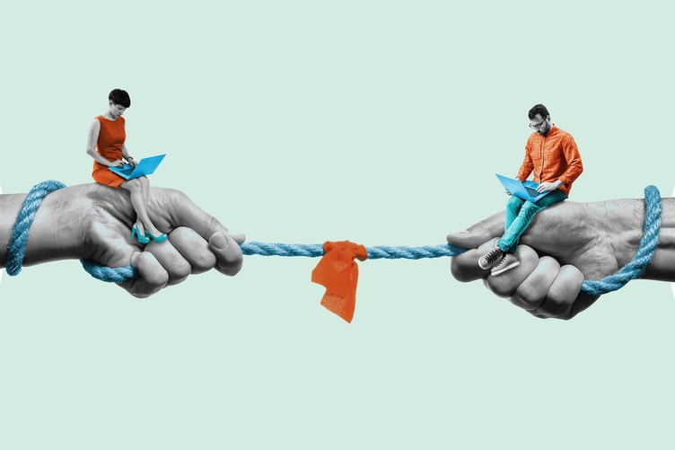 Competition between a man and a woman. Art collage.