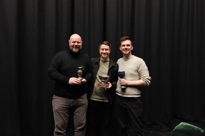 Parodos Theatre Company members (left to right) Geoff Pugh with the Mark Clift Award for Best Actor, Tony Eccles with the Northern Arts Rose Bowl for Best Play and Lorcan O’Mahony with the Nadine Talbot Award for Best Dramatic Moment