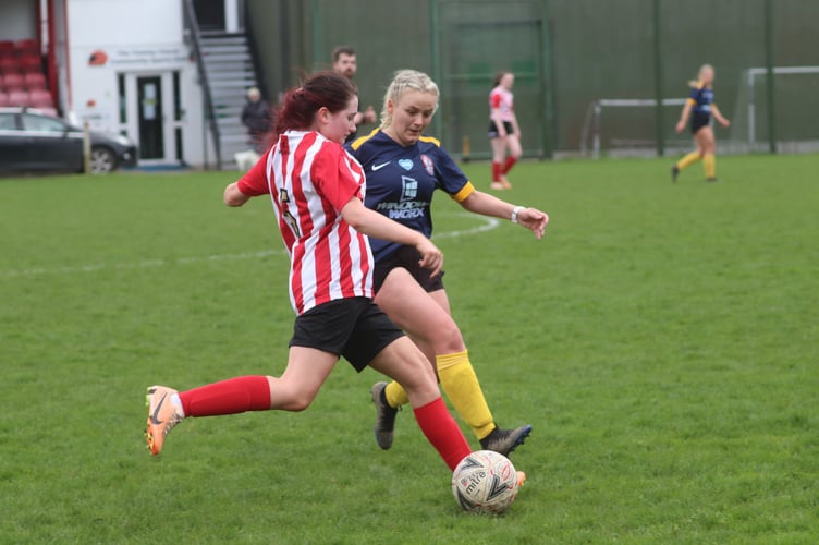 Peel's Ellan Preshous and Malew's Kiera Cooper during Sunday's FA Cup semi-final (Photo: Paul Hatton)