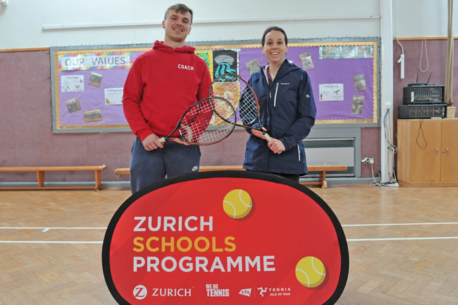 (Left to right) tennis coach Sean Drewry, and Onchan Primary teacher Jane Wooding. Jane has received training as part of the Zurich Schools Programme, and pupils at the school are being given coaching