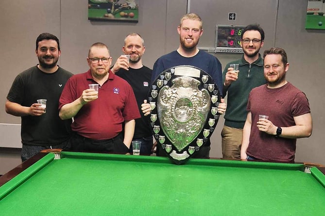 Cue Zone Blinders players celebrate with the impressive Mac's Snooker League shield after winning the title on the final day of the league season. (L-r) Conor Mahon, David Hill, Scott Campion, Brandon Forrester, Darryl Hill and Nick Stephens