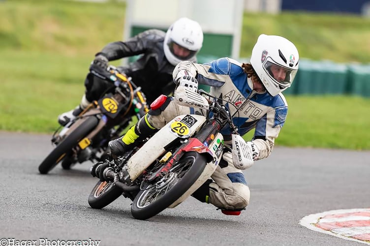 Tom 'Tweeks' Dawson leads Chuck Bregazzi during the plop 110 contest at Jurby last weekend. Dawson once again dominated the meeting which forced round two of the 2024 season (Photo: Hagar Photography/John Faragher)