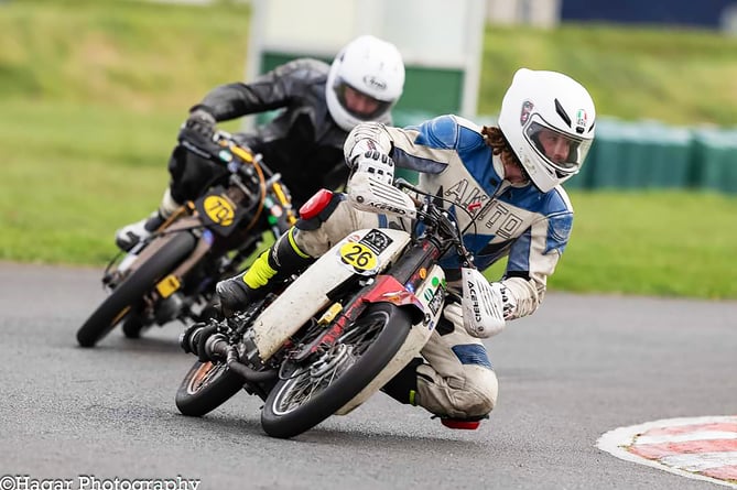 Tom 'Tweeks' Dawson leads Chuck Bregazzi during the plop 110 contest at Jurby last weekend. Dawson once again dominated the meeting which forced round two of the 2024 season (Photo: Hagar Photography/John Faragher)