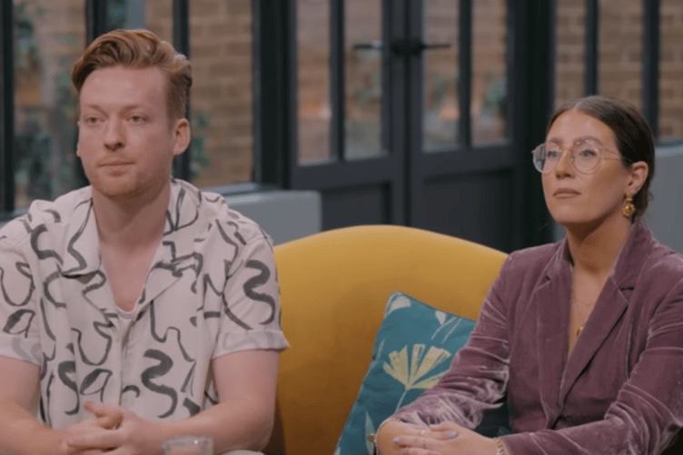 Manx Interior Design Masters contest Roisin Quinn on the sofa with fellow contestant Anthony