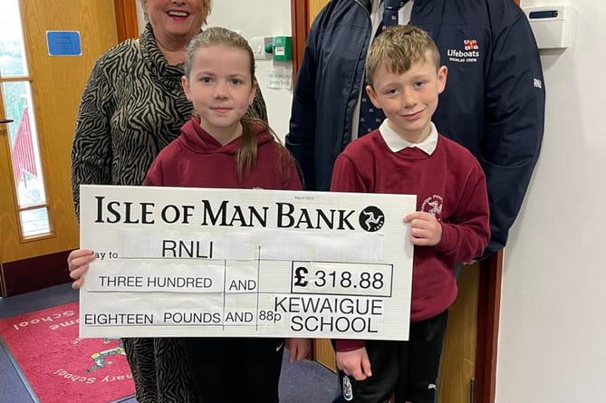 Gilli Cowley & Martyn Perkins receiving the cheque from two pupils 
