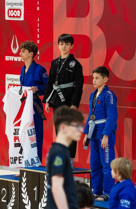 Alan Greenhalgh on the top step of the podium at the BJJ Italia North Italian Cup last weekend