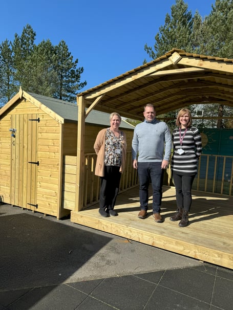 (Left to right) Riss Forrester, head teacher of Ballacottier School, Stuart Colligon (Founder and managing director of the Auxesia Group) and Cathy Holland, Rainbow Room manager in the new outdoor area