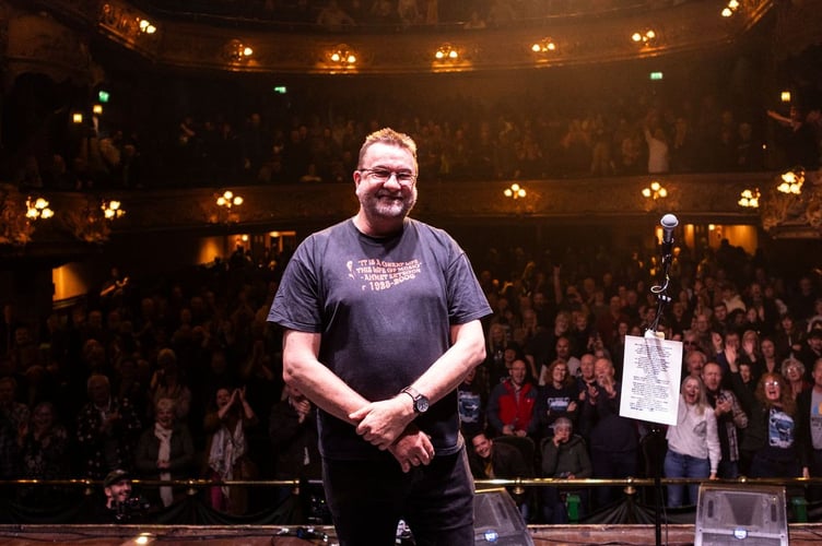 Music promoter Lenny Conroy speaks at the final gig he has organised with Davey Knowles at the Gaiety Theatre