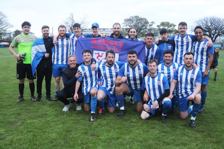 Ramsey players celebrating after clinching the Canada Life Combination One league title with a 3-2 victory over northern rivals Ayre Utd on Wednesday evening (Photo: Paul Hatton)