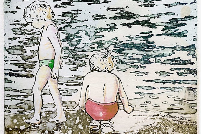 A sketch entitled Sand , Sea and Sons by Manx artist Charlotte Henry