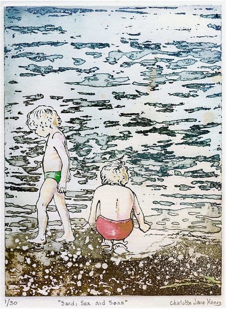 A sketch entitled Sand , Sea and Sons by Manx artist Charlotte Henry