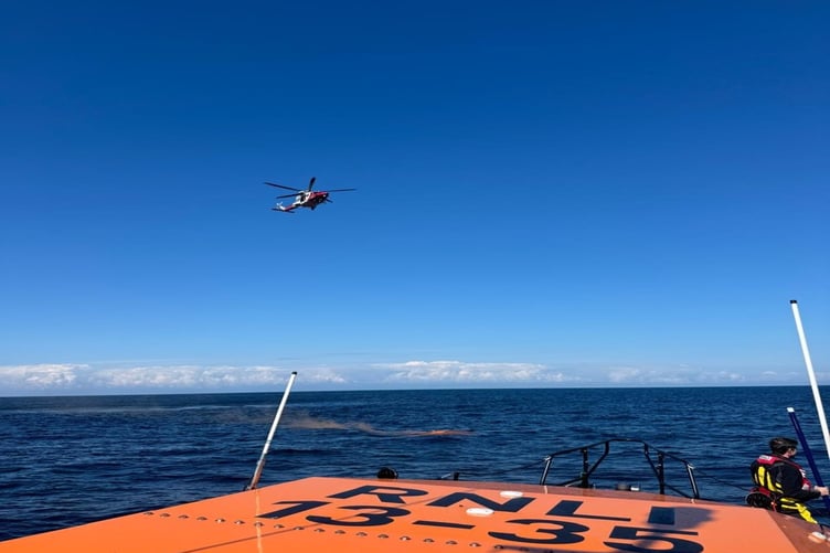 HM Coastguard helicopter seen from Peel Lifeboat ‘Frank and Brenda Winter’