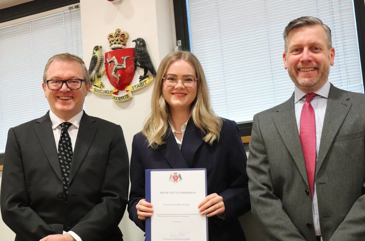 (Left to right) First Deemster Andrew Corlett, Eve Aycock and M&P Legal's Damian Molyneux