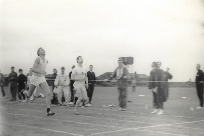 This picture was taken in 1962 in a RAF Jurby versus Manx Athletics Club challenge at the running track close to the former parade ground at Jurby. On the rear of the print, Joe wrote ‘Second again!’ 