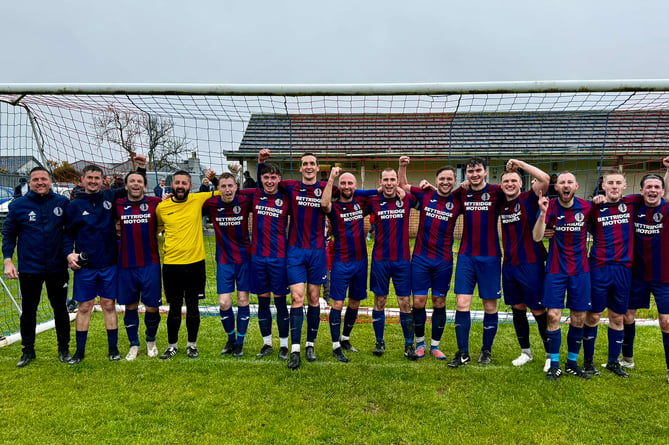 Foxdale players celebrate after confirming their promotion to the Premier League on Saturday afternoon after a resounding 8-0 win against Malew