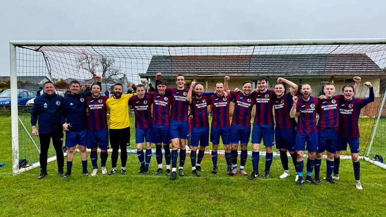 Foxdale players celebrate after confirming their promotion to the Premier League on Saturday afternoon after a resounding 8-0 win against Malew