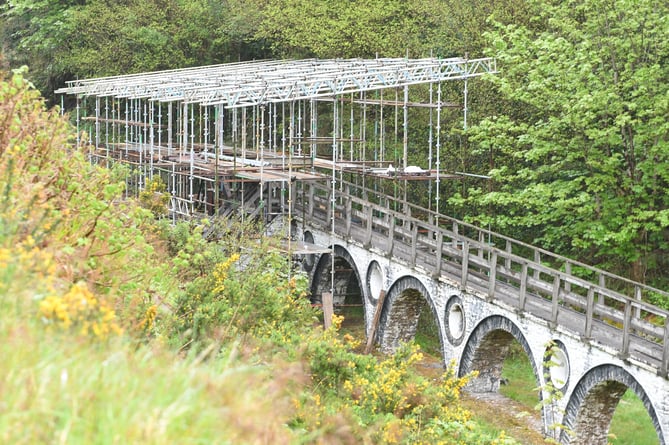 Behind the scenes of Phase 2 of the Laxey Wheel restoration project - scaffolding in place to prepare for the removal of the T rocker at the end of the viaduct