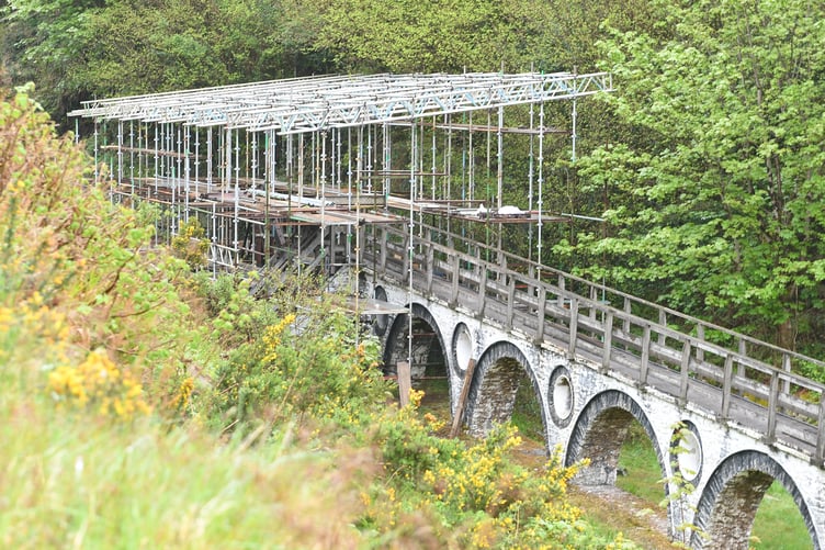 Behind the scenes of Phase 2 of the Laxey Wheel restoration project - scaffolding in place to prepare for the removal of the T rocker at the end of the viaduct