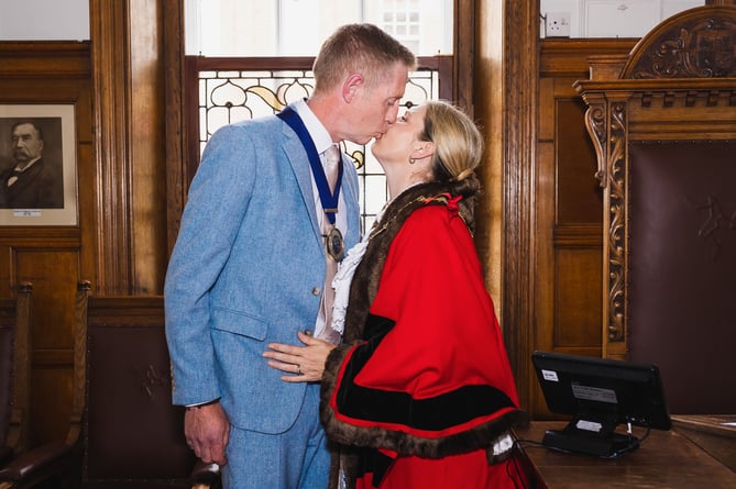 Natalie Byron-Teare is congratulated by her husband Mr Andrew Teare after being relected to the role of Mayor of Douglas