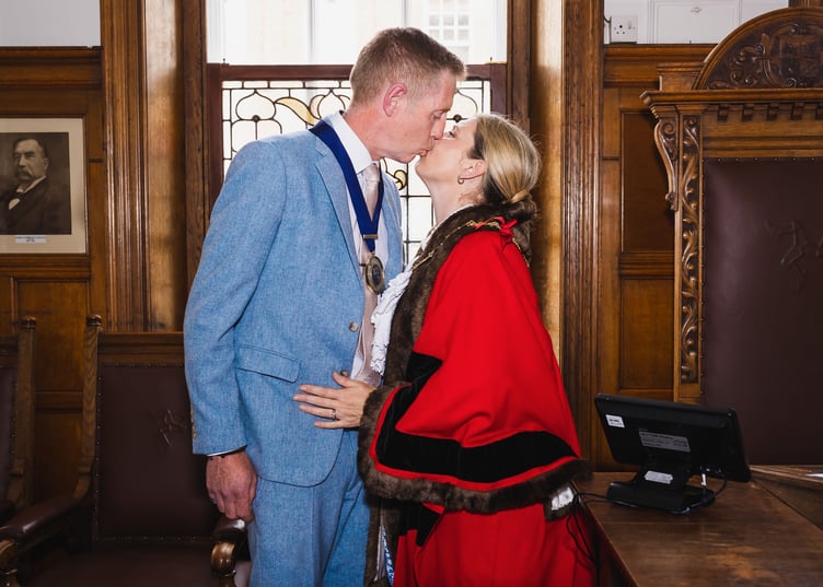 Natalie Byron-Teare is congratulated by her husband Mr Andrew Teare after being relected to the role of Mayor of Douglas