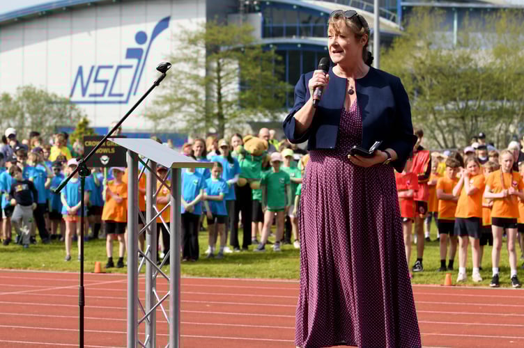 Education, Sport and Culture Minister Daphne Caine opening the Manx Youth Games