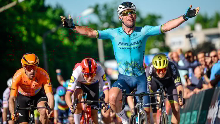 Mark Cavendish celebrates as he crosses the finish line to claim victory in the Tour of Hungary on Thursday afternoon, the 164th win of his career which confirms his status as the greatest male sprinter in the history of cycling (Photo: Sprint Cycling)