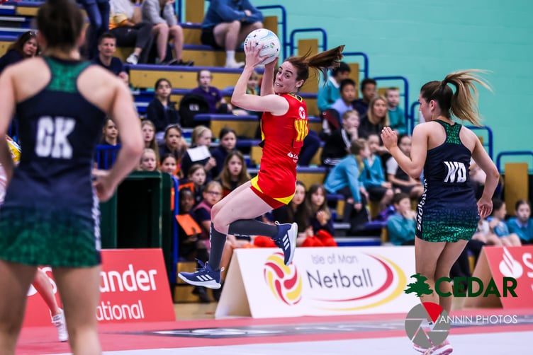 Isle of Man wing attack Rhian Evans in action at last year’s Europe Netball Open Challenge at the NSC (Photo: Gary Weightman)