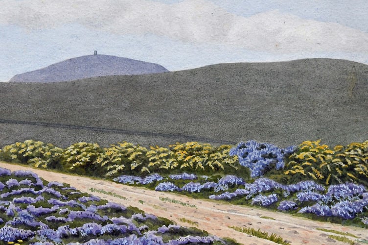 Painting by Robert Creer titled 'View on road near top of Cronk ny Arrey Laa' (July 1894)