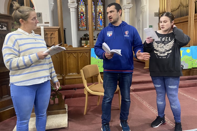 (left to right) Rachael Joughin, Toby Smith and Alyce Spencer rehearse the play Girl on a Train