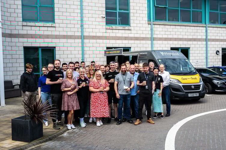 Flutter International staff with the new 'Care for a Drink' coffee van that is raising money for Hospice