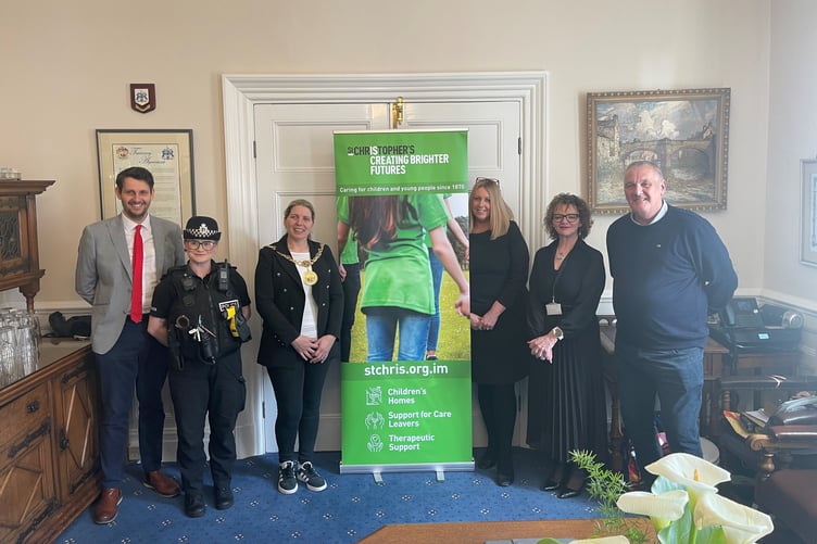 Oliver Cheshire, City Centre Manager (Douglas City Council), PC Anne Jones, Douglas Mayor Natalie Byron-Teare, Manx Care CEO Teresa Cope, Manc Care's Assistant Director of Children and Families Social Work Julie Gibney and Head of Children’s Residential Services at St Christopher’s Steve Taylor