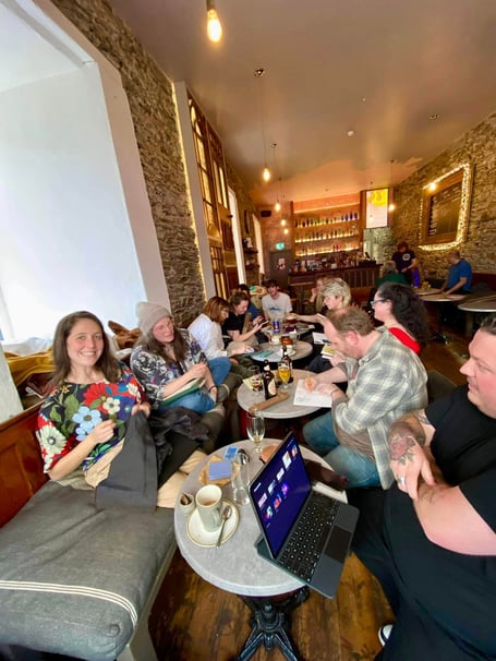 Image of the original Keird Collective at Pechakucha in 2018 with (left-right) Kim Gee, Flamingo Vintage (Amy Sykes), Quinn Shipton Illustration, Shine Bright (Jenny James), Little Moot Studio (Grainney Sheard). Not pictured but very much a part of the collective: Alice Rose Fayle