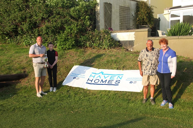 (Left to right) Isle of Man Stroke Play Championship overall winners James Arneil and Emma Noon alongside nett winners Keith Ward and Di Neale