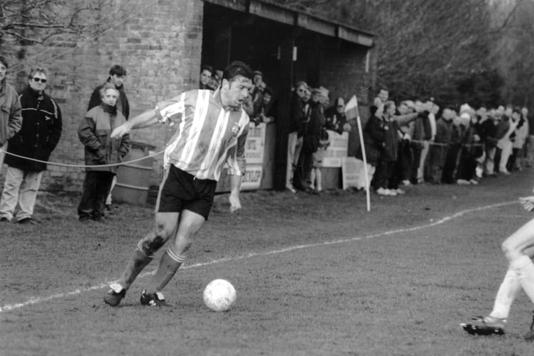 Rick Holden playing for Peel in front of a packed Douglas Road not long after he moved to the island in the mid-1990s