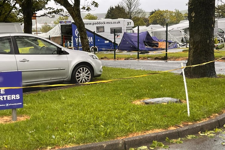 Damage to TT Paddock tents after blustery conditions overnight 