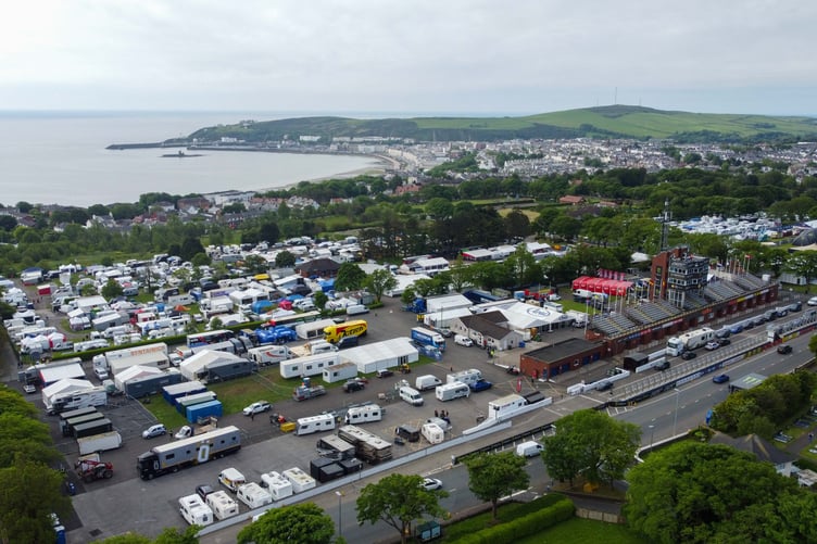 Isle of Man TT Grandstand. Photo by Callum Staley (Aerial Mann Multimedia)