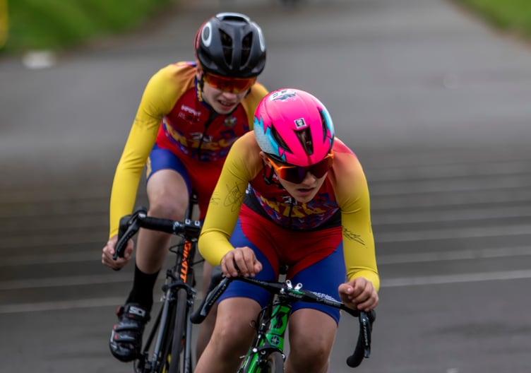 Tommy Bass ahead of Ciaran Grimshaw in the Under-12s Racing Bikes class of the RL360 Youth Cycling League at the NSC (Photo: Gary Jones)