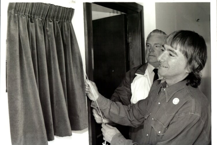 Joey Dunlop and then Southern 100 Club president Derek Nicholson officially opening the club's new headquarters on the Castletown By-pass