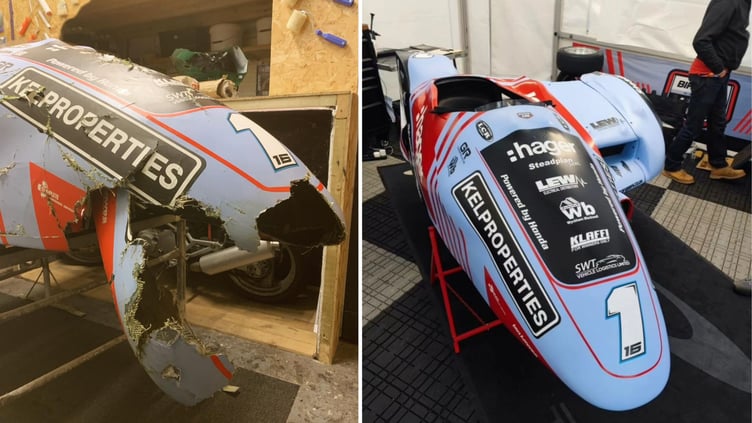 Before and after the repair work on the fairing of the Birchall Racing Honda's fairing