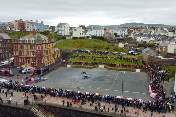 Aerial view of Terry Grant performing at Peel TT Day